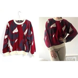 Vintage oversized knit sweater abstract print M L XL cozy long sleeve grandpa